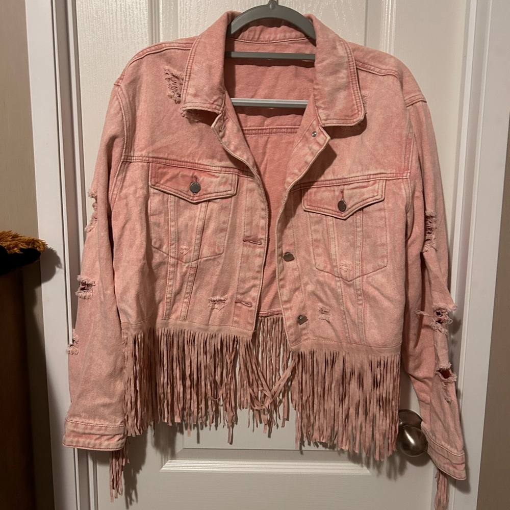 Fringed Pink Highly Distressed Denim Jacket